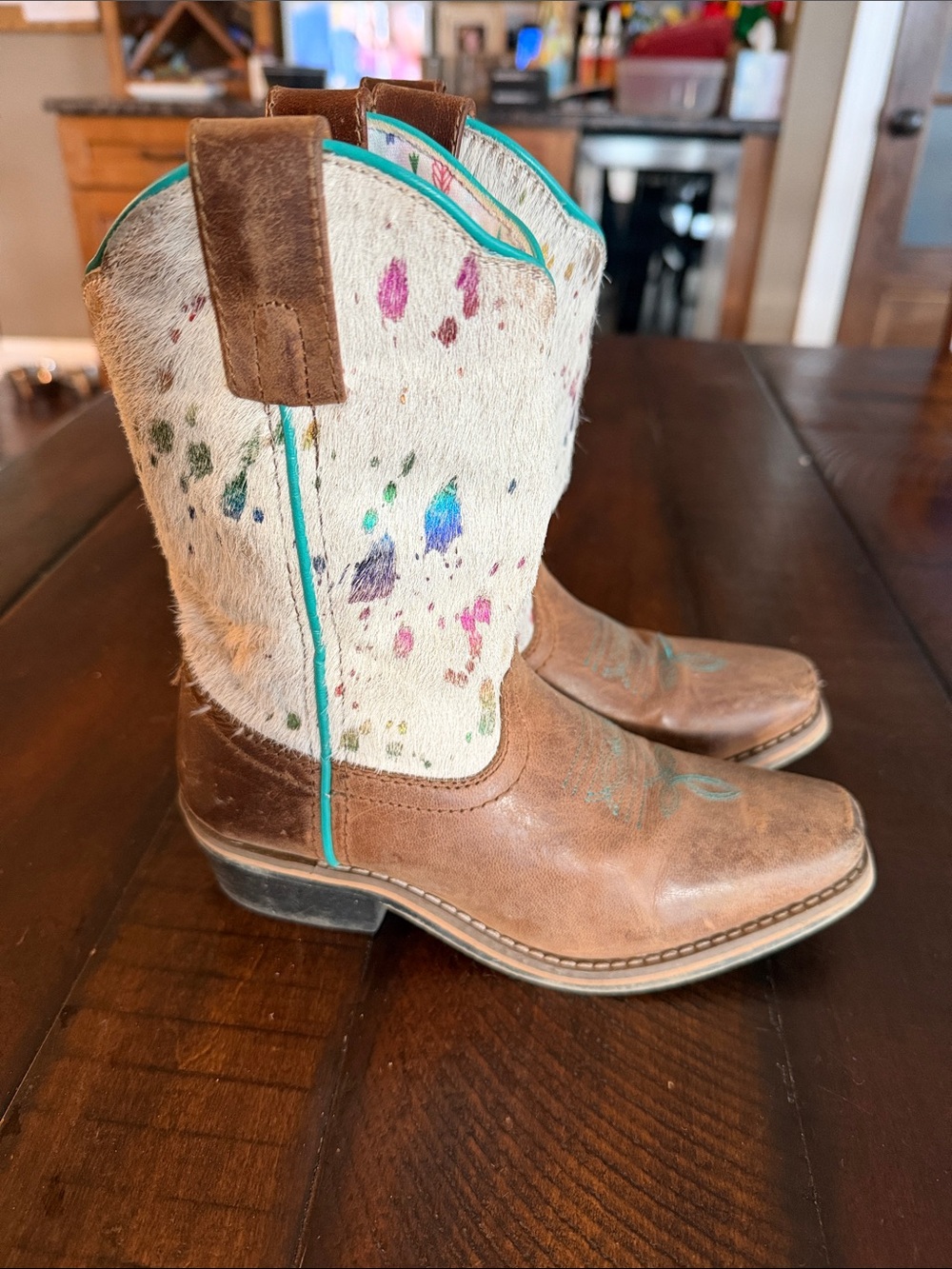 Dan Post Kids Brown Leather & Cream Cowhide Boots with Turquoise Trim